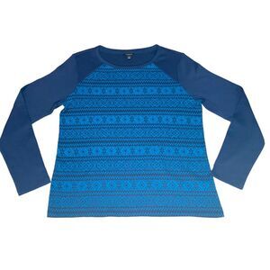 TALBOTS Pullover Crew‎ Neck Nordic Geometric Navy Blue Long Sleeve Top Size M